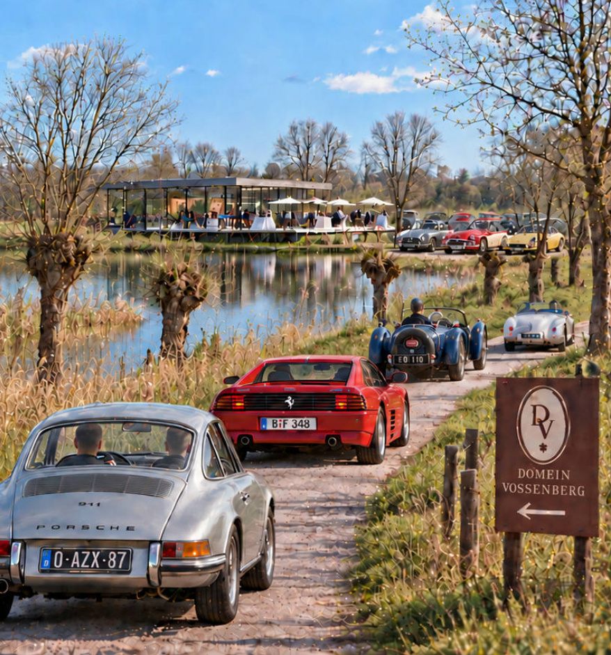 Classic car convoy arriving at Domaine Vossenberg
