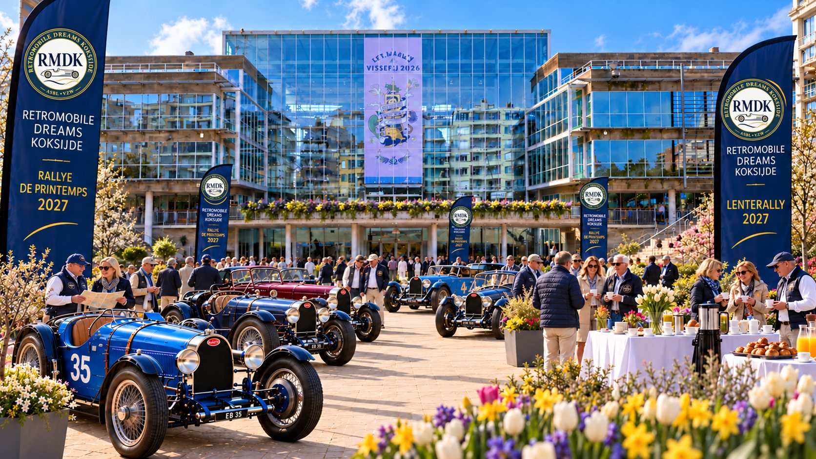 Welcome outside the town hall, Bugatti display and breakfast