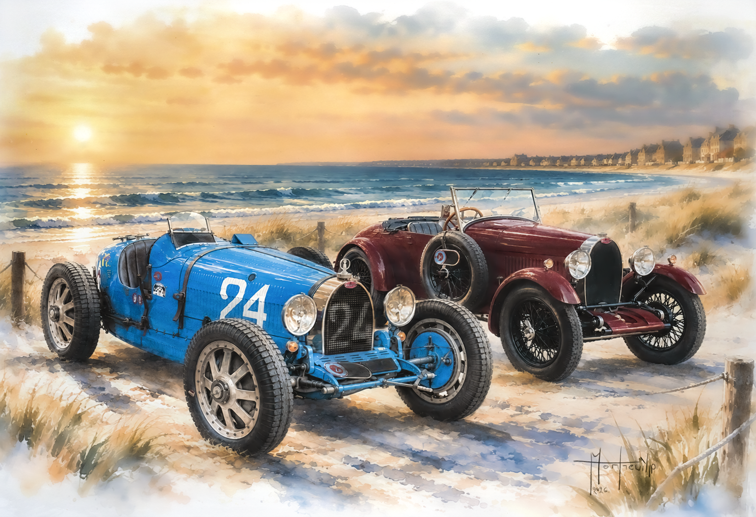 Zwei historische Bugatti, blau und bordeaux, an der Küste illustriert von Jean-Pierre Montreuil